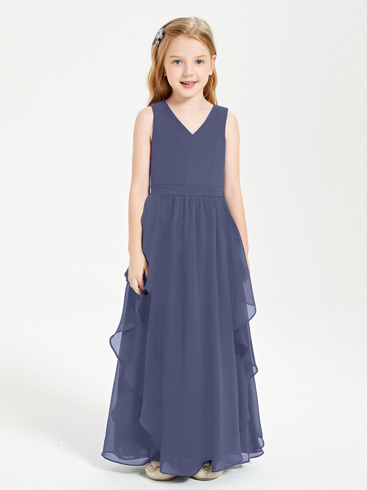 Boho Sleeveless Junior Chiffon Bridesmaids Gown Stormy
